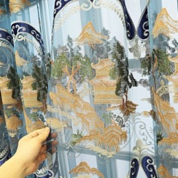 シェニール半遮光カーテン 中国風山刺繍 リビングルーム 寝室