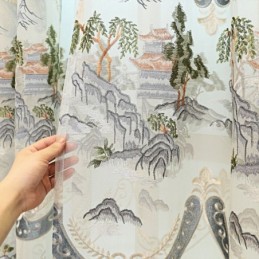 シェニール半遮光カーテン 中国風山刺繍 リビングルーム 寝室用