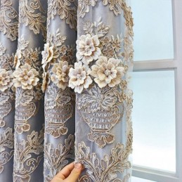 遮光カーテン ヨーロピアンスタイル 花柄刺繍 布とシアー素材の一体型