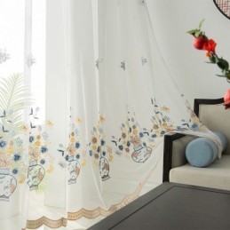 刺繍入りシアーチュールカーテン 花柄ボイルカーテン リビングルーム用オーダーメイドカーテン